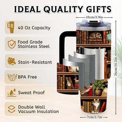 Cat Book Lovers Gifts for Women, 40oz Tumbler with Handle & Straw - color: BookshelfCat-Black