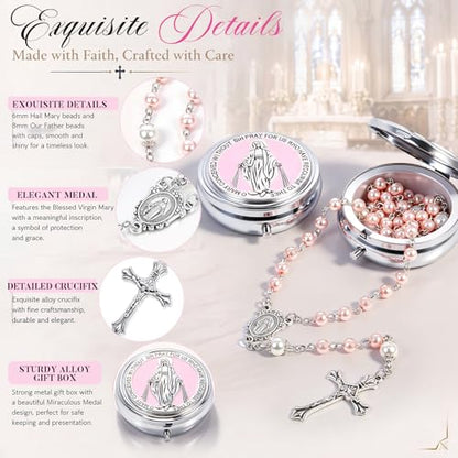 Jadive 24 sets Catholic Rosary Necklace, 6mm Glass Pearl Beads 8mm Our Father Bead Metal Gift Box for Women Men Prayer Gift - color: Pink