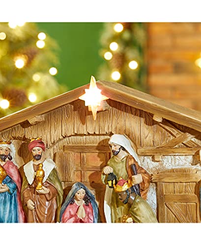 Glitzhome Lighted Resin Nativity Figurines House Countertop Christmas Ornaments Nativity Scene Figure Tabletop Crafts Statue Miniatures Xmas Collectibles Baby Jesus Gifts for Home Shelf Decor 12.5" - size: 12.5 x 8.5 Inches