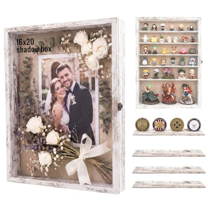 GMFrames 16x20 Wooden Shadow Box Frame with Removable Shelves Deep Display Case for Military Medals Keepsakes White - color: White, size: 16x20