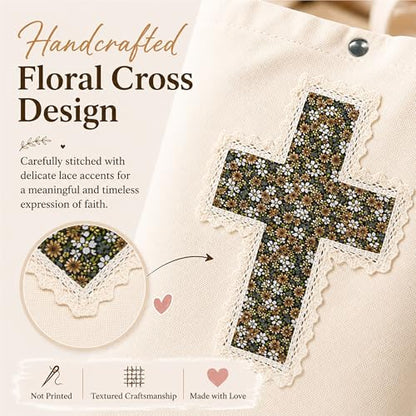 Christian Tote Bag Gift for Women, Canvas Bible Bag Handmade Floral Cross - color: Cream-brown Daisies