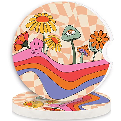 Car Coasters 2 Pack,2.56" Ceramic Stone Car Cupholder Absorbent Coaster Set for Women Men Drink Cup Holder Coasters Car Accessories(Skull Sunflowers) (Pink Mushroom) - color: Pink Mushroom