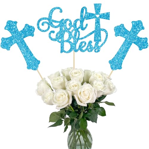 Gyufise 12Pcs God Bless and Cross Centerpiece Sticks Double Sided Cross God Bless Table Flower Centerpieces Sticks First Communion Baptism Decorations for God Bless Theme Party Supplies Blue - color: Blue