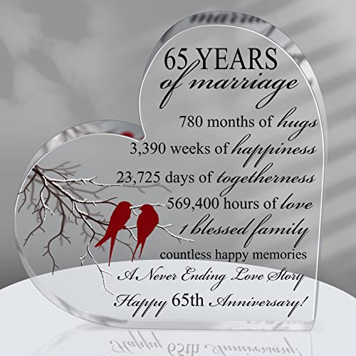 Qunclay 65th Years of Marriage Gift Wedding Anniversary Souvenir Heart Marriage Keepsake Decoration Present for Couple Parent Women Mom Husband Wife He She Friend Grandparents - style: 65th