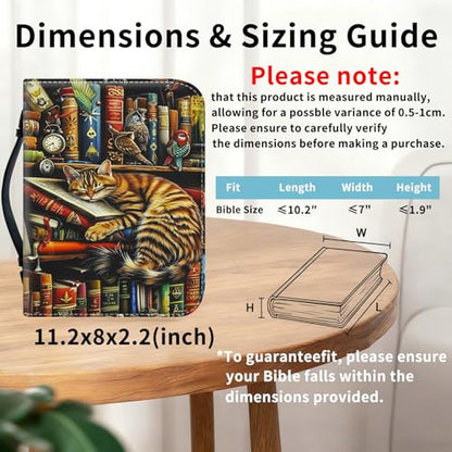 Bible Cover for Women Large PU Leather Zippered Bible Case with Handle and Bookshelf Cat Design, Christian Bible Cover for Girls & Women, Cover Fits Standard 9.5"x7.5"x2.3" Bible - color: Bookshelf Cat