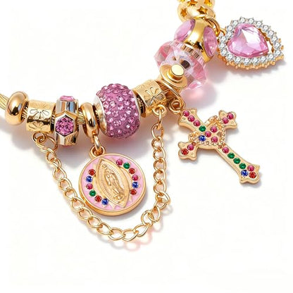 A&K Collections Mothers Day 18K Gold Beads Easter Basket Stuffers Bangle with Rhinestones Pandora Style Trendy Cross Heart Charm Luxury Adjustable Bracelet for Women Teen Girl Gifts Trendy Stuff Religious Jewelry - color: 18K GOLD/Pink Charms