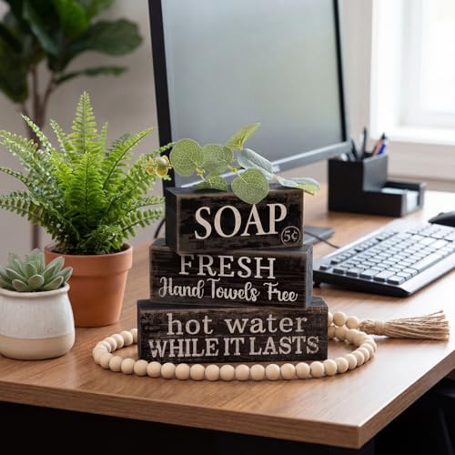 Lineshading 4 Pcs Wooden Bathroom Block Signs, Farmhouse Shelf Decor - style: Bathroom