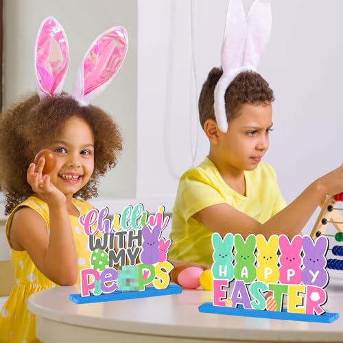 3Pcs Happy Easter Table Sign Decoration Wooden Bunny Bunny Tabletop Centerpiece Chillin with My Bunny Easter Table Topper Spring Party Bunny Sign for Home Office Easter Holiday Party Table Supplies