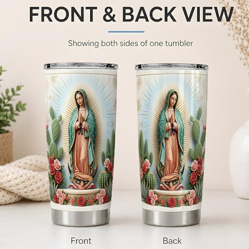 Virgin Mary Desert Halo 20oz Tumbler, Marian Devotion Tumbler, Daily Coffee Cup, Teal Cloak With Cactus And Roses, Golden Rays, Catholic Prayer Art, Faithful Catholic Women And Men - color: Virgin Mary 5