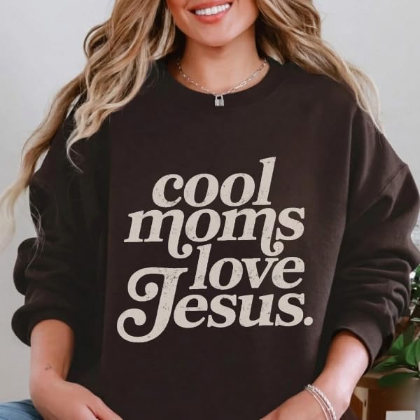 FITIN Cool Moms Love Jesus Christian Graphic Crewneck Sweatshirt – Distressed Design Faith-Based Pullover - color: Brown, size: Small