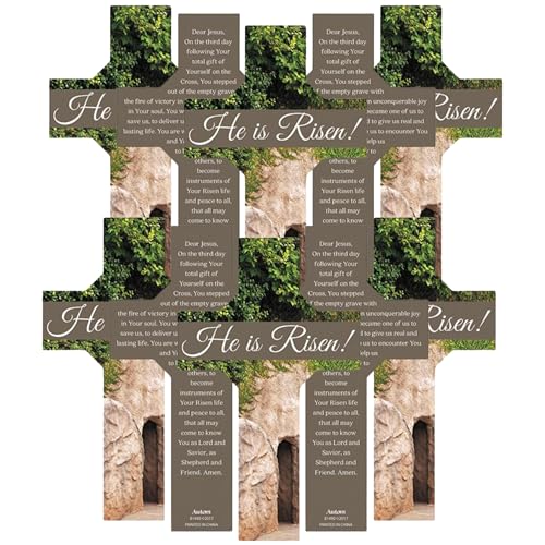 Needzo He is Risen! Cross-Shaped Bookmark with Empty Tomb Image, Easter Favor with Prayer on The Back, Pack of 10