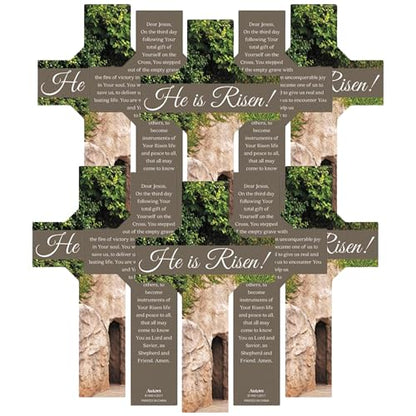 Needzo He is Risen! Cross-Shaped Bookmark with Empty Tomb Image, Easter Favor with Prayer on The Back, Pack of 10