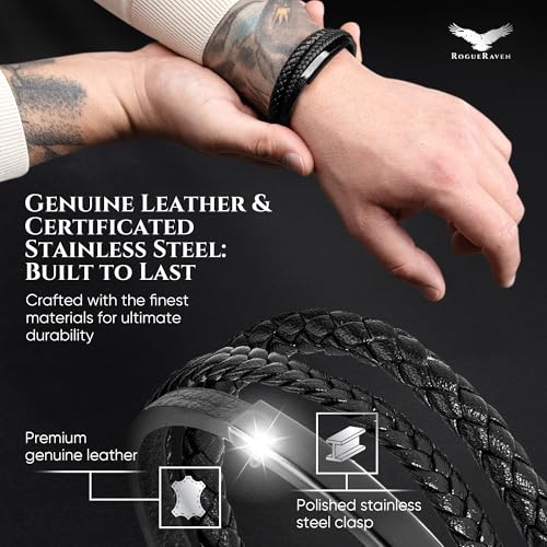 RogueRaven Black Leather Bracelet for Men – Premium Collection – Brown Black Gold Silver | Genuine Leather Mens Bracelet with Stainless Steel Clasp [Adjustable] | In Luxury Gift Box - color: black black