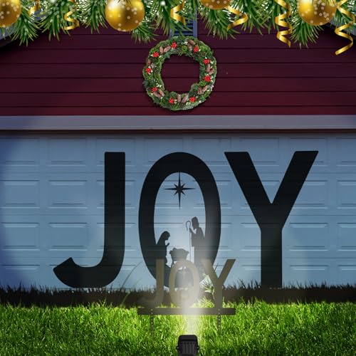 Honoson Christmas Decorations Outdoor Nativity Scene Joy Metal Silhouette Yard Sign with Stakes LED Landscape Light Religious jesus Lawn Decor Joy Metal Art Signs for Yard Lawn Garden Xmas Party Decor