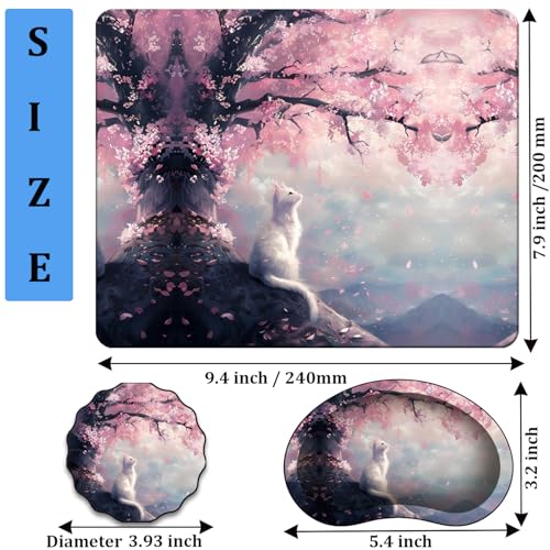 Mouse Pad 9.4"x7.9" + Wrist Support Pad + Embroidered Cup Pad Non-Slip Set, Ergonomic Mouse Wrist Support Pad, Suitable for Office/Gaming/Home Use, Cherry Blossom Cat - color: Cherry Blossom Cat