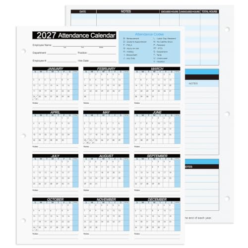 2027 Attendance Calendar Work Tracker Attendance Calendar Cards - 8.5 X 11 Cardstock/Pack of 25 Sheets