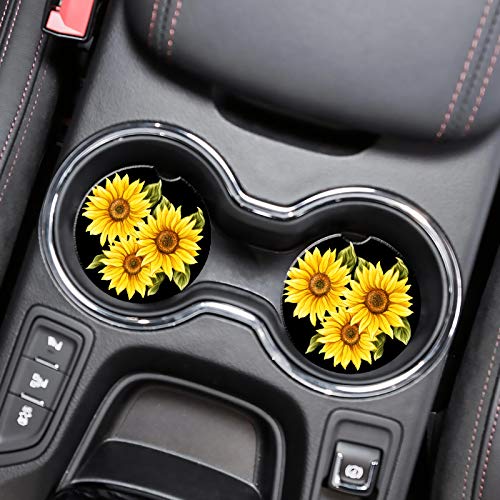 Stone Black Car Coasters - 2 Packs Absorbent Ceramic Cup Holder Coasters with Finger Notch and Easy Clean (Painting Sunflower) - color: Painting Sunflower
