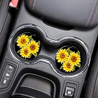 Stone Black Car Coasters - 2 Packs Absorbent Ceramic Cup Holder Coasters with Finger Notch and Easy Clean (Painting Sunflower) - color: Painting Sunflower