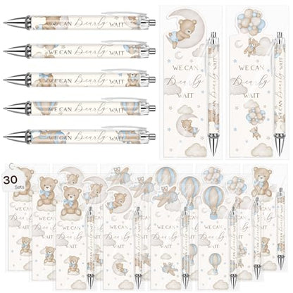 30 Sets Baby Shower Gifts Pens in Bulk for Guests Blue Bear Party Favors Retractable Ballpoint Pen with Bookmarks Black Ink Gender Reveal Souvenirs Prizes Gifts Supplies - style: Blue Bear