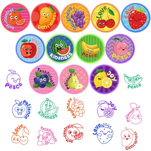 Cinrobiye 24 Pcs Fruit of the Spirit Stampers Party Favor Set, Cute Bible Learning Stamps for Kids Sunday School, Church Classroom Rewards, Faith Based Gifts, Goody Bag Fillers - color: Fruit of the Spirit