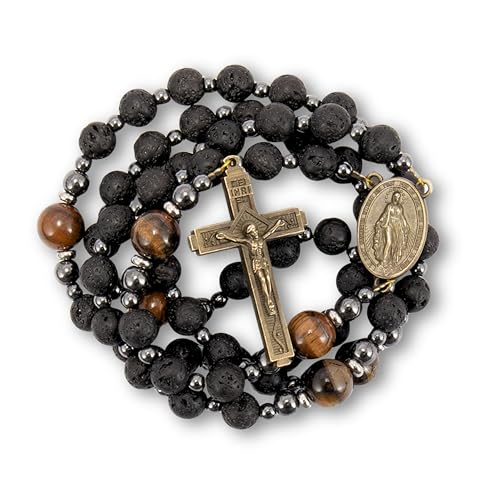 Lava Stone Black Rosary Beads for Men, Catholic Rosary Necklace with Saint Medal & Cross, Yellow Tiger Eye Beads Strong Rosary Cross Necklace in Portable Gift Box - style: Miraculous