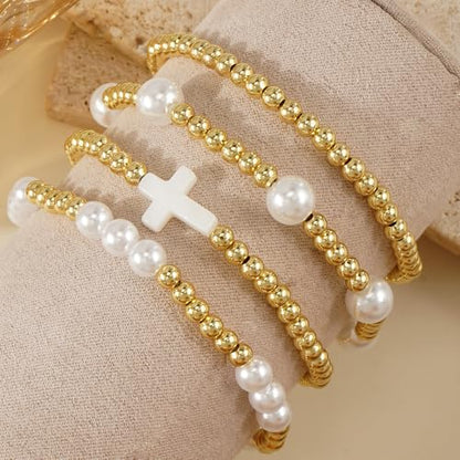 Gold Beaded Bracelets Stack for Women Stackable 14K Gold Plated Beads Ball Cross Bracelet Boho Christian Jewelry Faith Friendship Birthday Gifts for Women - color: White Cross