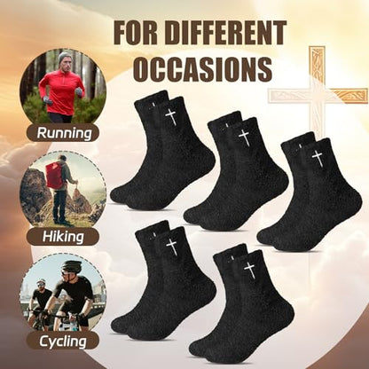 Cutecrop 5 Pairs Christian Gifts Socks Cross Print Fuzzy Socks Jesus Gifts Religious Fluffy Cozy Slipper Sock for Women Men - color: Black