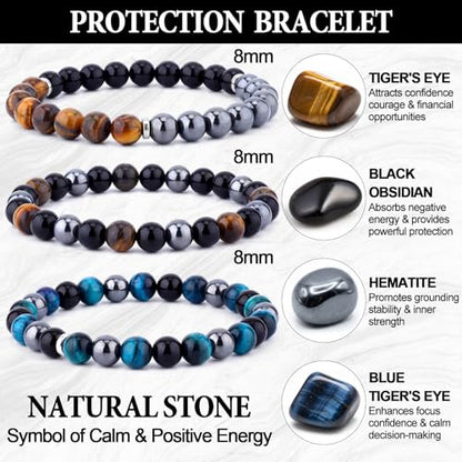 Kingdder 3 Pcs Cross Bracelet Tiger Eye Bracelet for Men 8mm Natural Stone Adjustable Christian Religious Birthday Jewelry - style: Classic