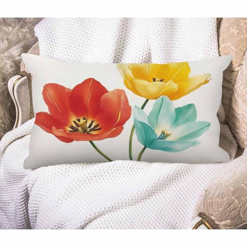 EKOBLA Enchanting Floral Decorative Throw Pillow Case Charming Beautiful Poppy Flowers Tricolor Orange Red Yellow Blue Cotton Linen Cushion Case for Sofa Couch 12x20 Inches - color: Multi-bs20
