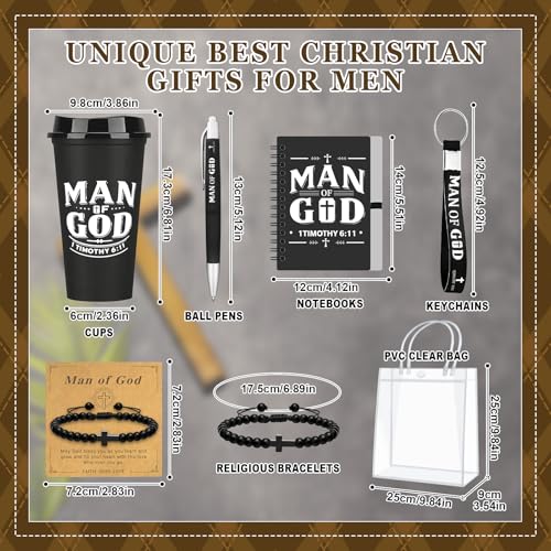 12 Sets/ 72 Pcs Christian Gifts for Men Bulk Man of God Theme Christmas Religious Gift for Church Group Includes 16oz Plastic Coffee Cup Notebooks Pens Keychains Bracelets Bags (Man of God) - color: Man of God