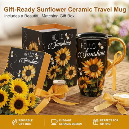 Topadorn 17oz Ceramic Travel Mug with Lid, Sunflower Floral Coffee Mug - color: Hello,Sunshine