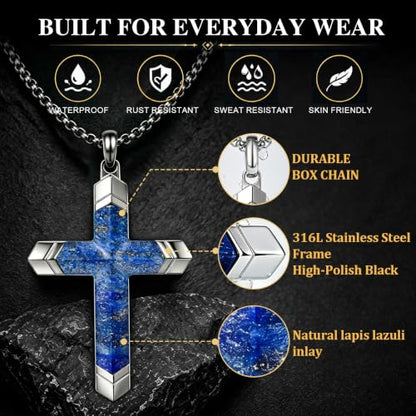 Lapis Lazuli/Amethyst Cross Necklace for Men Waterproof and Sweat-Resistant Suitable for both men and women With Adjustable Box Chain Christian Jewelry Father Day Gifts for Men - color: Blue&Silver