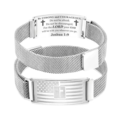 RINHOO Men's American Flag Cross Bracelet Bible Verse Stainless Steel - style: Silver-Joshua 1:9