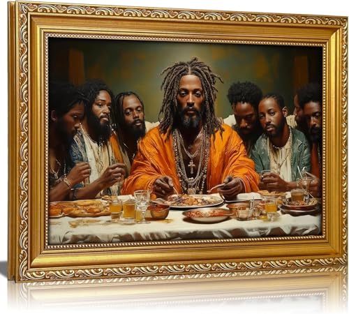 Vintage Gold Frame Modern Black Jesus Canvas Wall Art African American The Last Supper Painting Picture Wall Decor Black Man Christian Poster Print Artwork for Kitchen Dining Living Room Decoration - color: Gold Framed, size: 11"L x 9"W