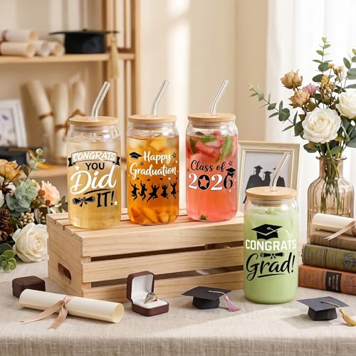 Glass Cups with Lids and Straws, 4Pack, 16oz, Graduation Grad - color: Happy Graduation