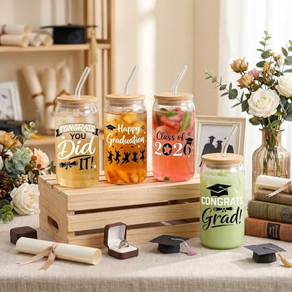Glass Cups with Lids and Straws, 4Pack, 16oz, Graduation Grad - color: Happy Graduation