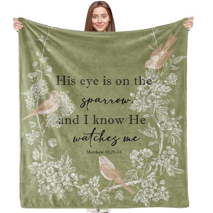 Christian Sparrow Bird Blanket, Christian Gifts for Women Men, His Eye is on the Sparrow Religious Bible Verse Bird Throw Blankets for Bedroom Living Room Couch Sofa, 50x60 Inches - color: Bird