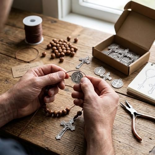 20 Pcs Catholic Rosary Making Kit, 10 St. Benedict Medals & 10 Crucifix Cross Pendants, Antique Bronze Metal Charms Connectors for DIY Pocket Rosaries, Necklaces and Jewelry Crafts (Antique Silver) - color: Antique Silver