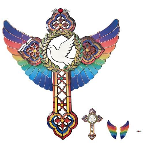 Two Layered Wooden Cross Wall Decor, 14" Hollow Laser-Cut Carved Crucifix Wings Dove Wall Art Spiritual Religious Gifts for Home Living Room Prayer Corner Church Christian Mothers Day - color: Wings-2 Layer