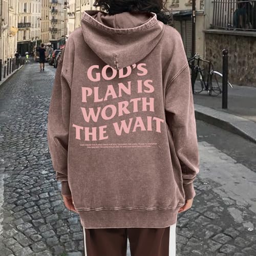 Christian Graphic Hoodies for Women God Bible Verse Oversized Hoodie Religious Letter Print Acid Wash Sweatshirts - color: Brown, size: Small