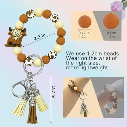 SHINYHARBOR Silicone Beaded Wristlet Keychain Bracelet,Key Wrist Keychains for Women Mom Teachers Best Friend - color: Cow-brown