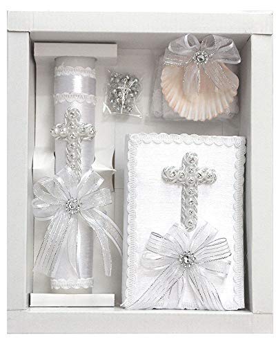 Swea Pea & Lilli White Pearl Cross Baptism Candle Set Kit for Christenings with Shell - Spanish