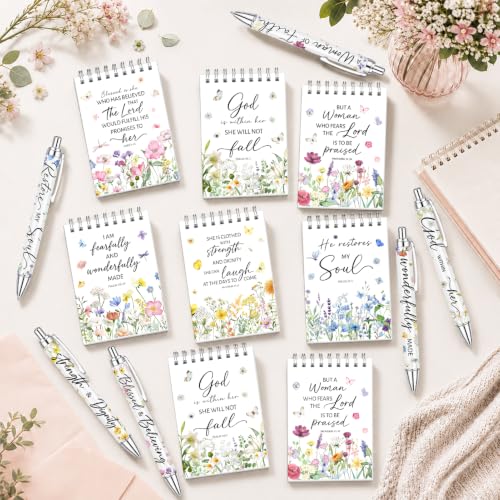 Sprial Notebooks with Pens Bulk, 48 Pack, 5.5 x 4.7 Inch Scripture - color: Wildflower Meadow Scripture