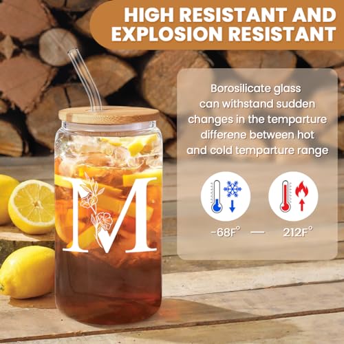 SANDJEST Monogrammed Gifts for Women - Monogram M Initial Glass Cup 16 Oz Can Coffee Cups with Lid and Straw - Monogram Initials Gifts for Womens on Birthday - color: Initial M