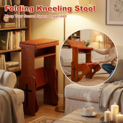 Fanwer Prayer Kneeler Bench with Foldable Book Stand, Adjustable Height Kneeling Stool with Storage Space & Thick Cushion, Space-Saving Prayer Chair for Home Church Bible Reading