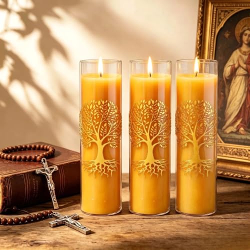 CYS-Edge Tree of Life Pure Beeswax Prayer Candles in Glass Jars, 3 Pack, 204-Hour Total Burn, 1.8 x 5.9 Inch, Yellow Christian Devotional Candles - size: 1.8 x 6inches