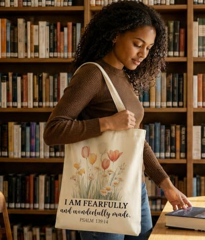 Christian Bible Verse Tote Bag for Women Faith Church - color: Fearfully