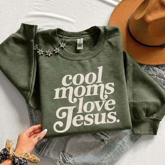 FITIN Cool Moms Love Jesus Christian Graphic Crewneck Sweatshirt – Distressed Design Faith-Based Pullover - color: Military Green, size: Small