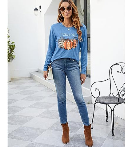 Womens Pumpkin Graphic Sweatshirts Crewneck Casual Fall Long Sleeve Tops - color: Blue, size: Medium