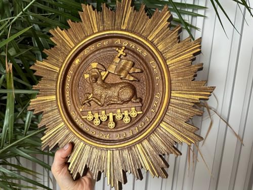 Jara's Petite Paradise Agnus Dei Christian Oak Wood Wall Art, Handcrafted Scripture Wall Art, Handmade Religious Easter Decor Lamb of God & Good Shepherd Wooden Icon (Walnut with gold, 12x12 inches) - color: Walnut with gold